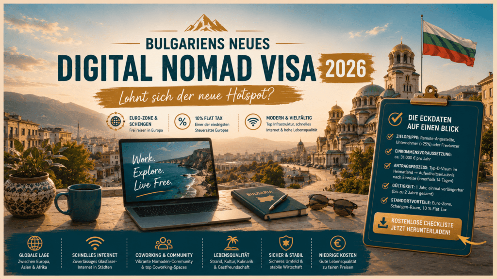 Digitaler Nomade arbeitet am Laptop mit Blick über eine bulgarische Stadt – Symbolbild zum neuen Digital Nomad Visa 2026