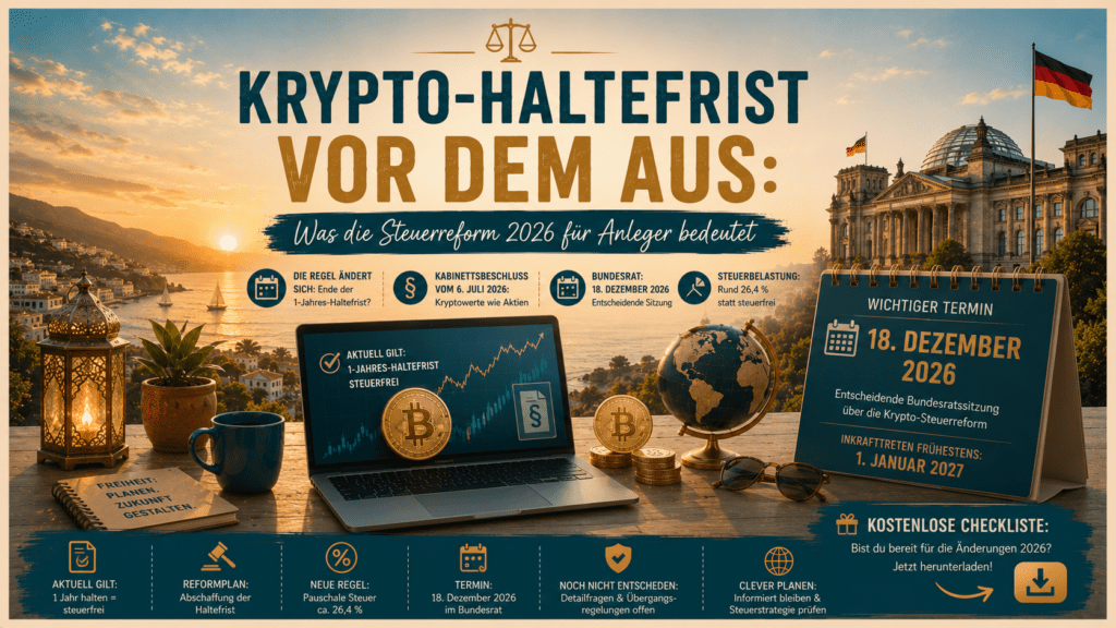 Krypto-Haltefrist vor dem Aus – Grafik zur geplanten Steuerreform 2026 für Bitcoin- und Kryptowährungs-Anleger, Elevate Your Life