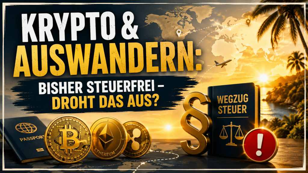Symbolbild Krypto und Auswandern: Bitcoin-, Ethereum- und Ripple-Münzen neben Reisepass und einem Buch "Wegzugsteuer" mit Paragraphenzeichen, Waage und Warnsymbol vor Weltkarte, Sonnenuntergang und Palmen