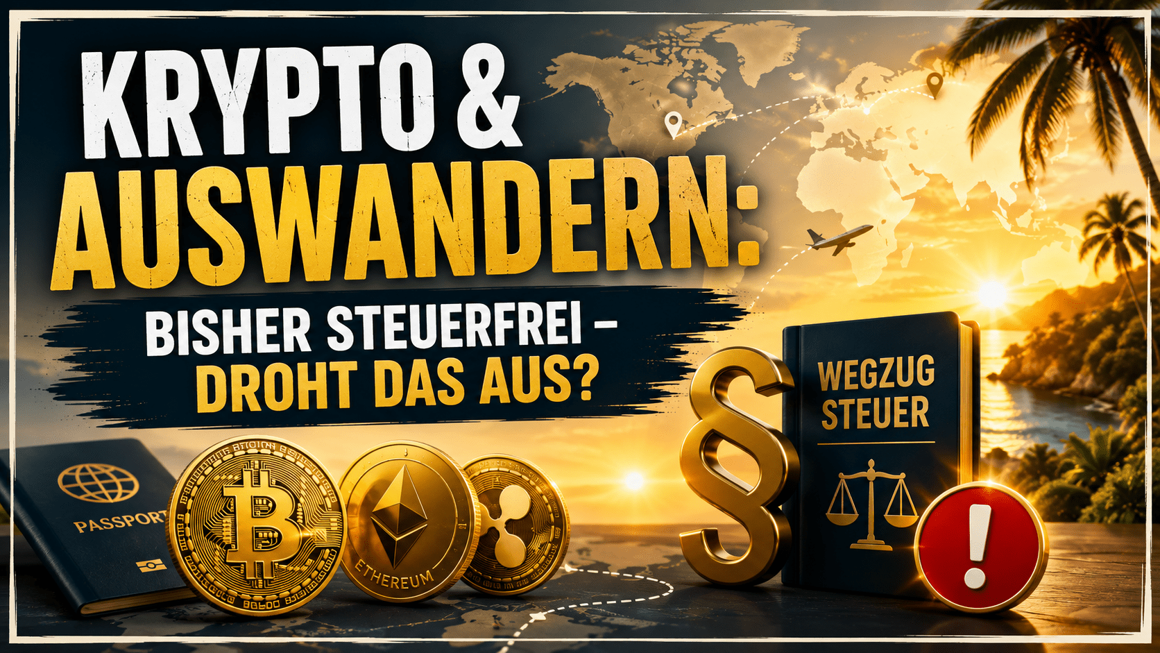 Symbolbild Krypto und Auswandern: Bitcoin-, Ethereum- und Ripple-Münzen neben Reisepass und einem Buch "Wegzugsteuer" mit Paragraphenzeichen, Waage und Warnsymbol vor Weltkarte, Sonnenuntergang und Palmen