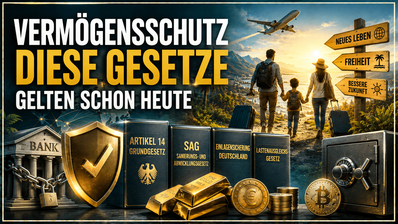 Vermögensschutz Deutschland – Bank, Grundgesetz und Sachwerte im Symbolbild