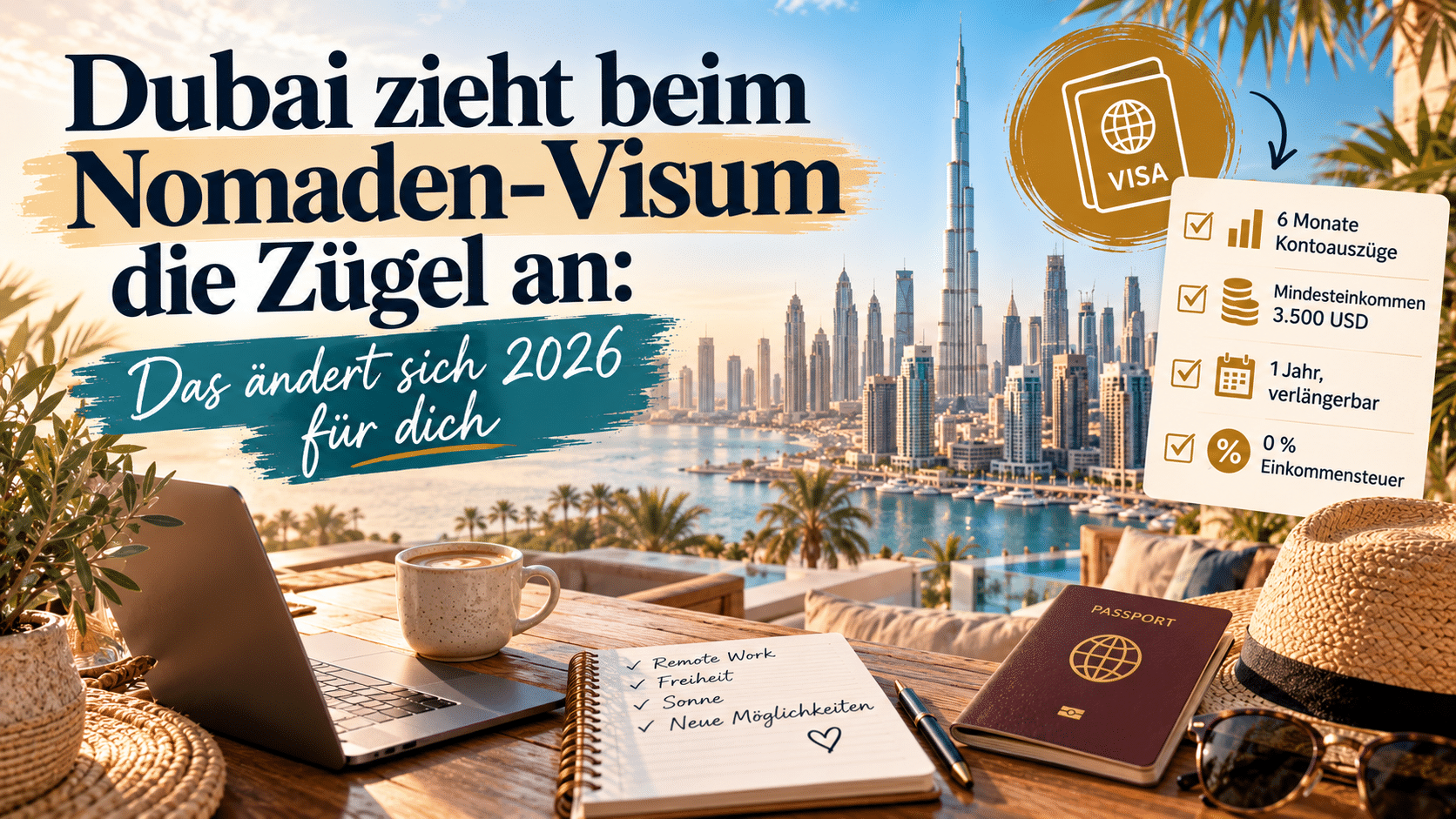 Dubai Nomaden-Visum: Digitaler Nomade arbeitet mit Laptop vor der Skyline von Dubai