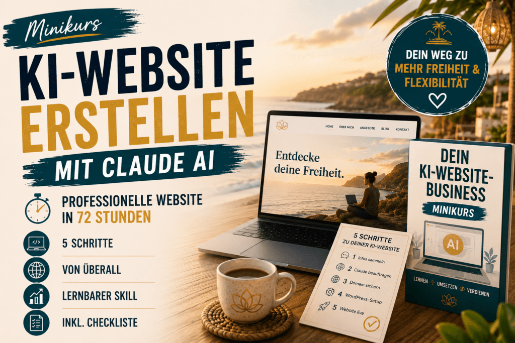 Laptop mit KI-generierter Website am Strand, Checkliste mit 5 Schritten und Buchcover "Dein KI-Website-Business Minikurs" – professionelle Website in 72 Stunden mit Claude AI erstellen