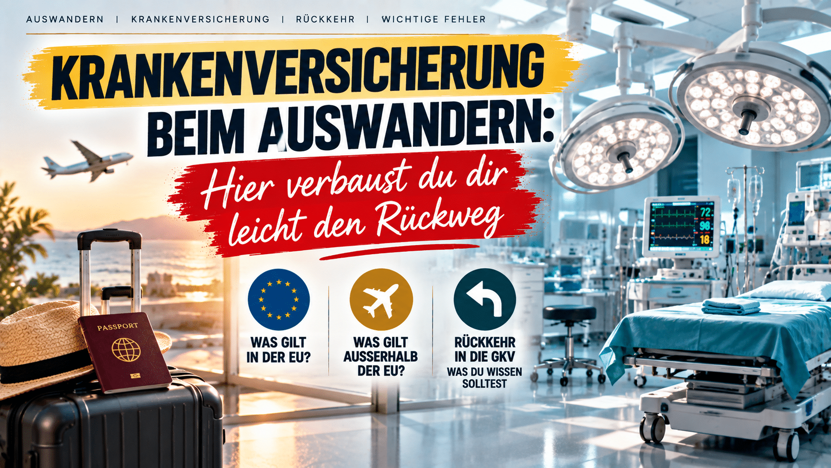 Krankenversicherung beim Auswandern: Person mit Laptop und Reisepass plant am Fenster die Absicherung im Ausland