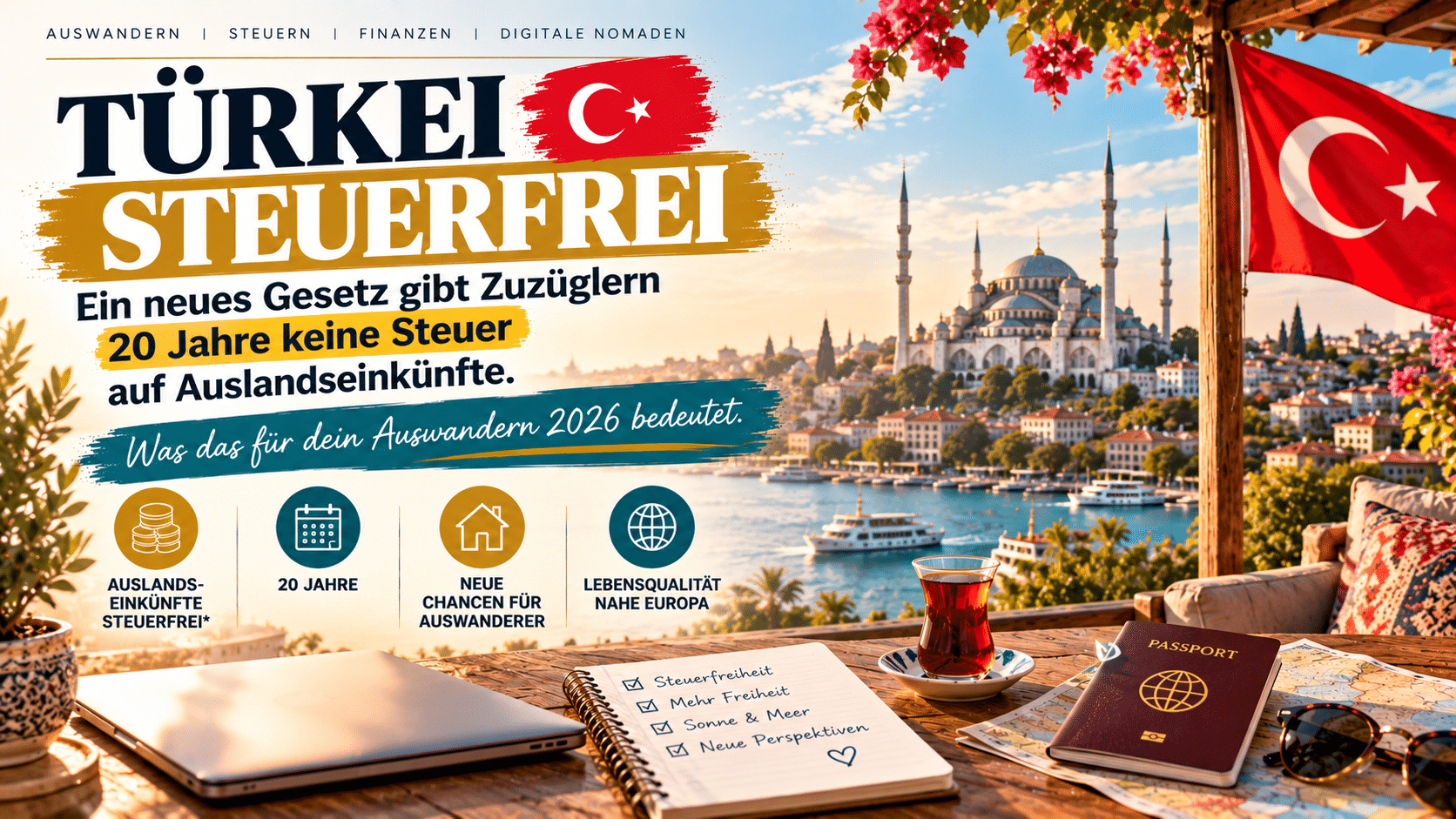 Türkei steuerfrei: Paar mit Laptop blickt bei Sonnenuntergang auf die Skyline von Istanbul