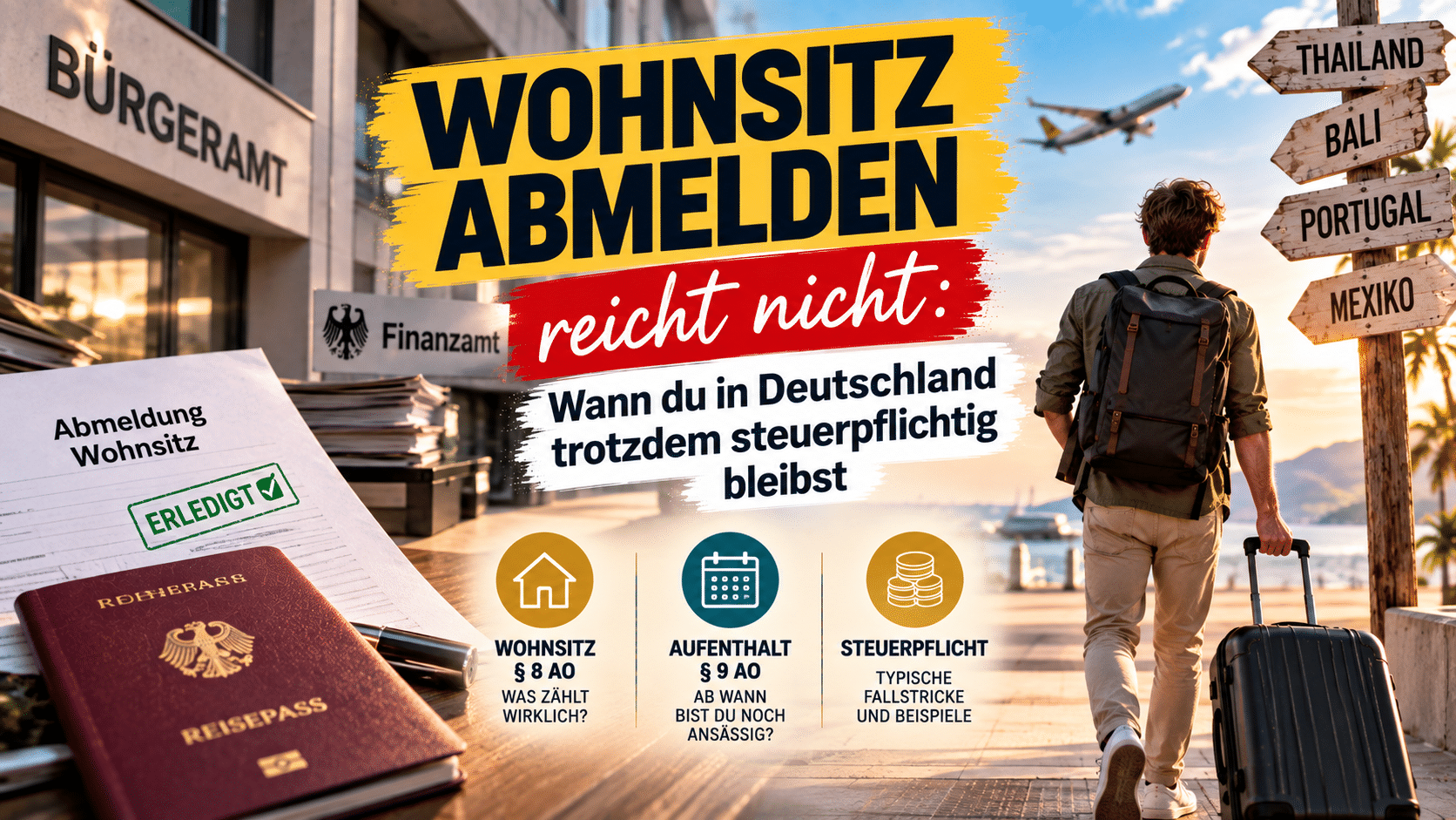 Wohnsitz abmelden: Person mit Laptop, Reisepass und Ordner plant am Fenster den Wegzug aus Deutschland
