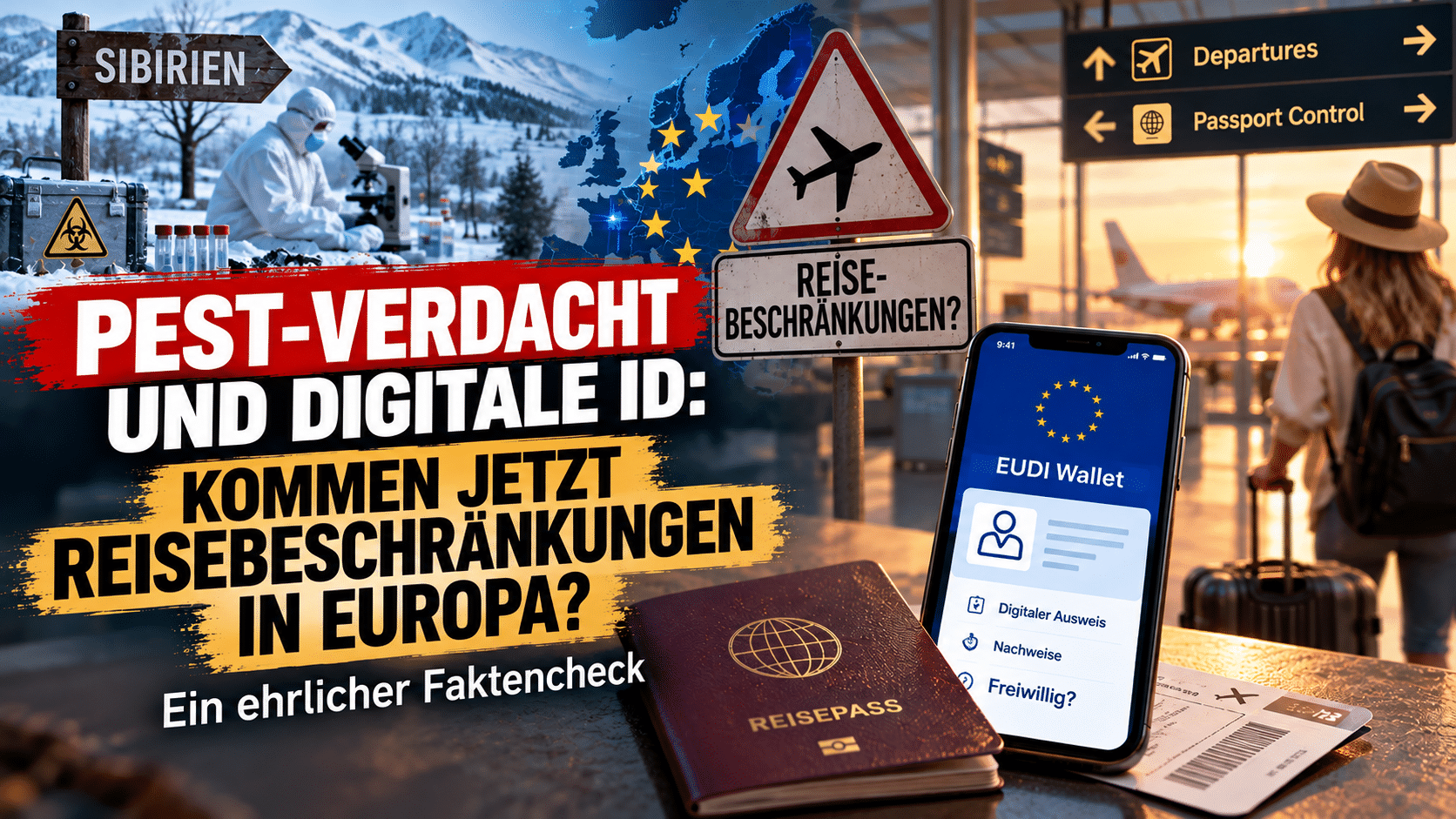 Reisebeschränkungen Europa: Reisende mit Reisepass und Smartphone schaut am Flughafen gelassen auf die Abflugtafel