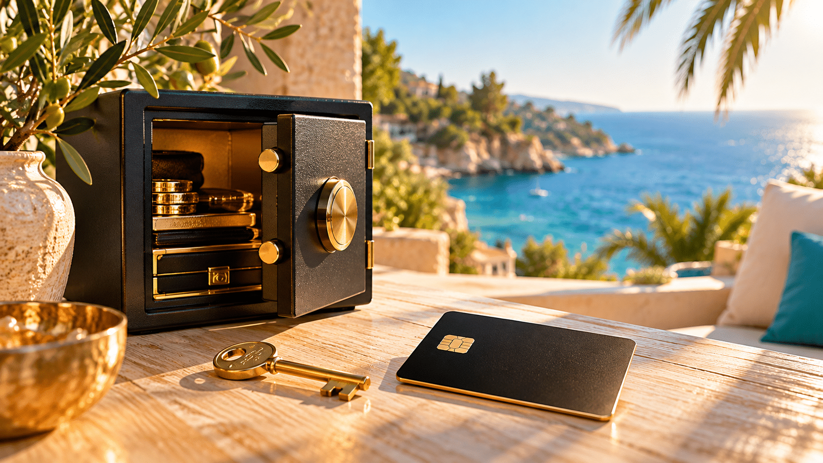 Symbolbild eigene Wallet: Tresor mit goldenem Schlüssel neben einer Bezahlkarte