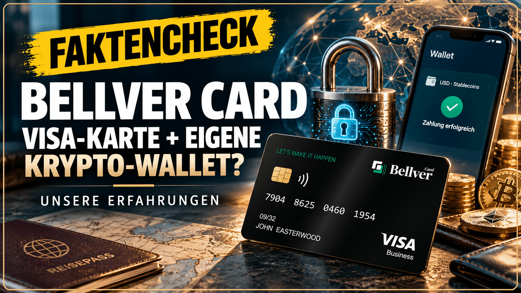 Bellver Card Erfahrungen: schwarze Bellver Visa-Karte mit Smartphone-Wallet, Schloss-Symbol, Krypto-Münzen und Reisepass