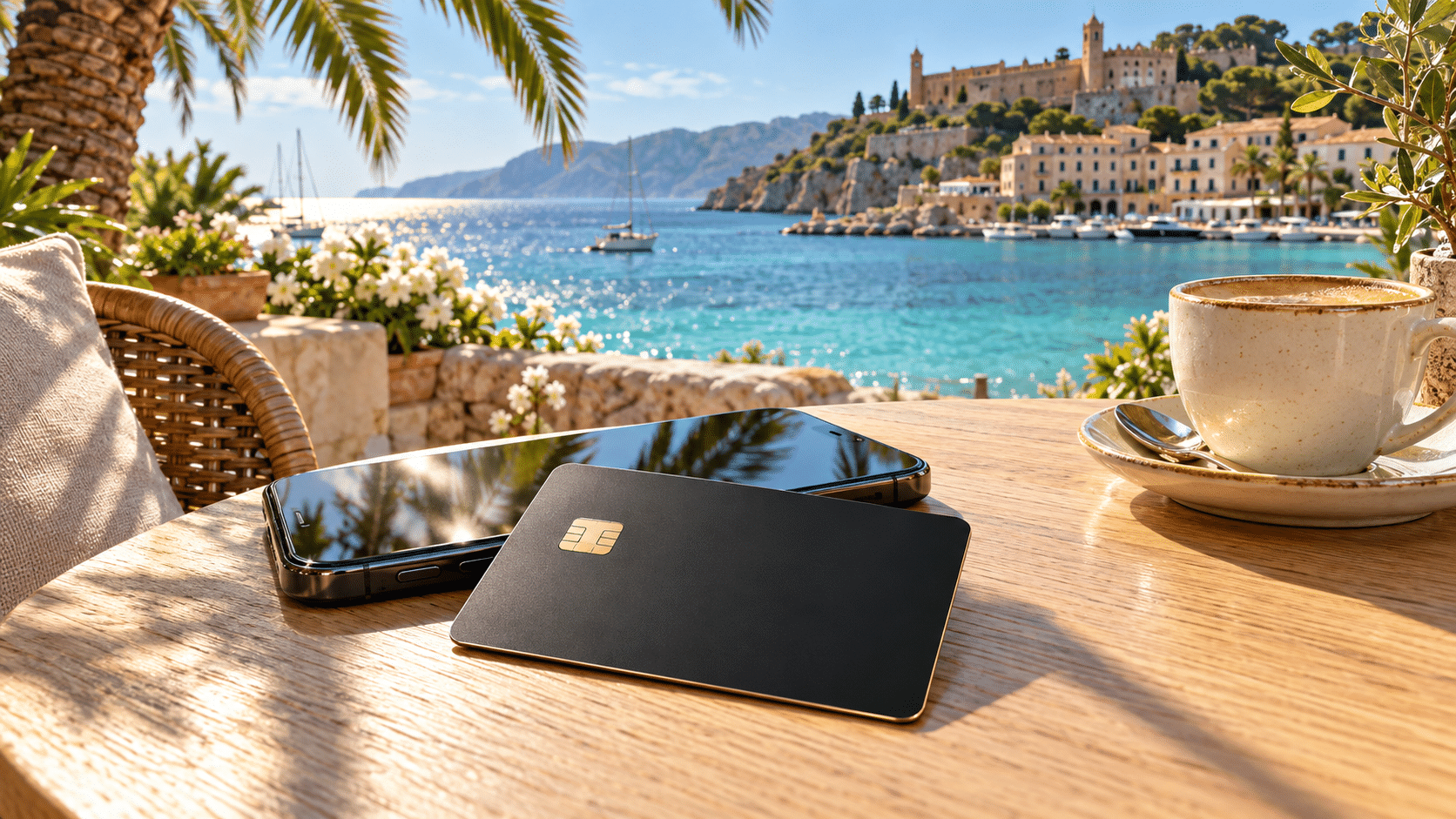 Bellver Card und Smartphone auf einem Café-Tisch mit Blick auf Hafen und Meer