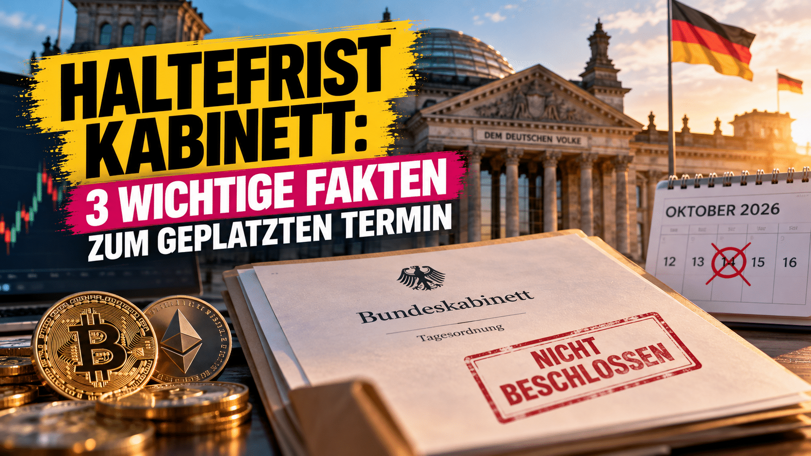 Laptop mit Bitcoin-Chart und Notizbuch auf einem Tisch am Fenster, Thema Haltefrist Kabinett und Krypto-Steuer
