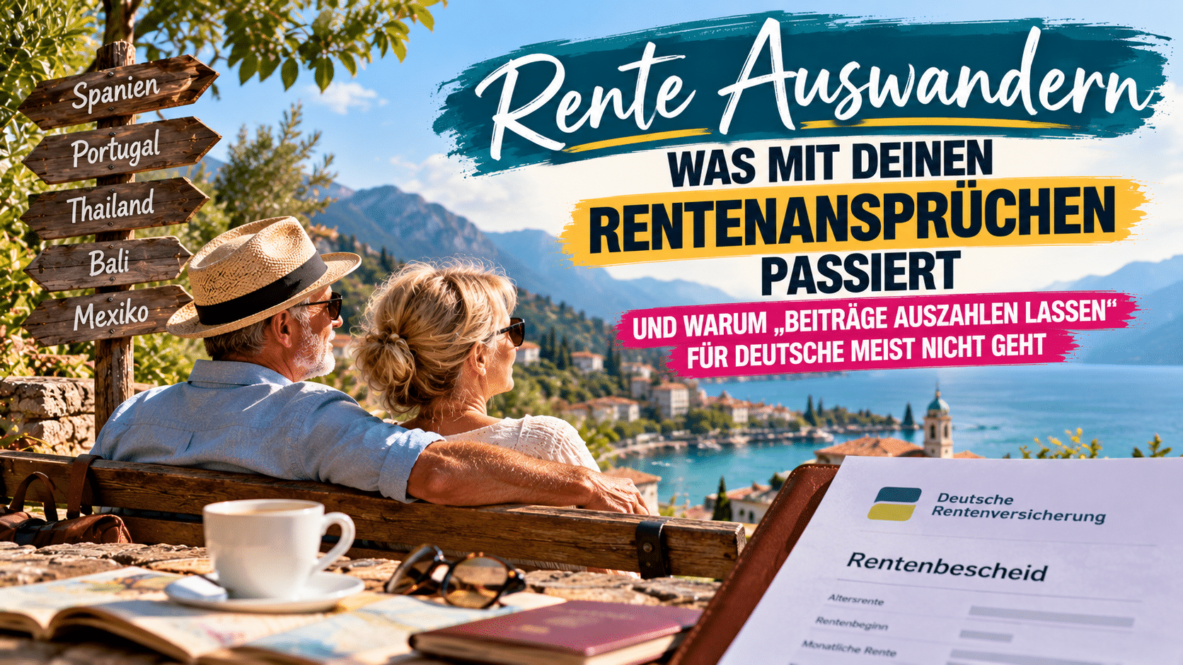Rente Auswandern: Reisepass, Laptop und Notizbuch mit Rentenunterlagen auf einem hellen Holztisch vor einem sonnigen Strand