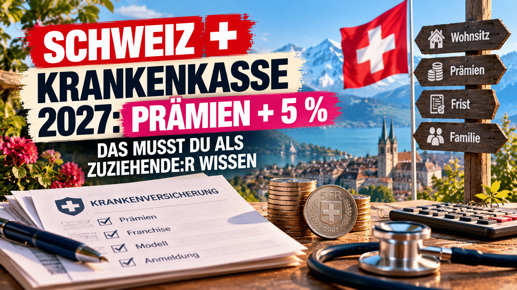 Schweiz Krankenkasse: Laptop, Versicherungsunterlagen und Kaffee auf einem Holztisch mit Blick auf Schweizer Berge